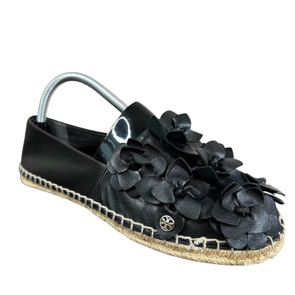 Tory Burch Blossom Espadrille Flats Womens 8.5 Black Leather Flowers Shoes